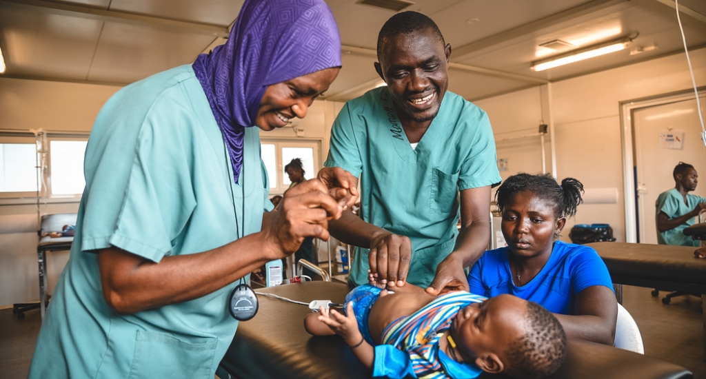 Aminata (links) en Momoh (midden) onderzoeken de zes maanden oude Ogar op de spoedeisende hulp van het AZG Moeder- en Kindziekenhuis in het district Kenema terwijl zijn moeder toekijkt. Sierra Leone, mei 2025.